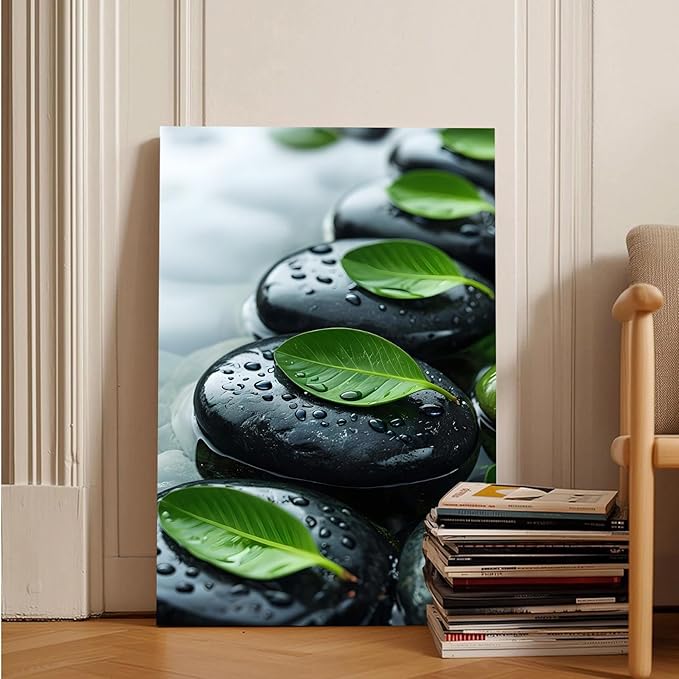 Glittering black stone cluster with fresh green leaves and water drops poster tranquil mist rain wall art zen wall art suitable for modern minimalist home decor 16x24in Frameless