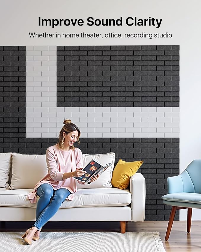 Soundproof Wall Panels Self-Adhesive, Acoustic Panels 12 Pack Brick Wall Panels, High Density Sound Dampening Panels for Walls, Office,Reccording Studio, Ceiling 12" X 12" X 0.4" Black