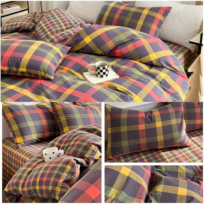 Multicolor Plaid Queen Size Comforter Set Modern Style Checkered Pattern Comforter Buffalo Grid Plaid Gingham Bedding Comforter Set for All Seasons Farmhouse Grid Bed Comforter with 2 Pillowcases