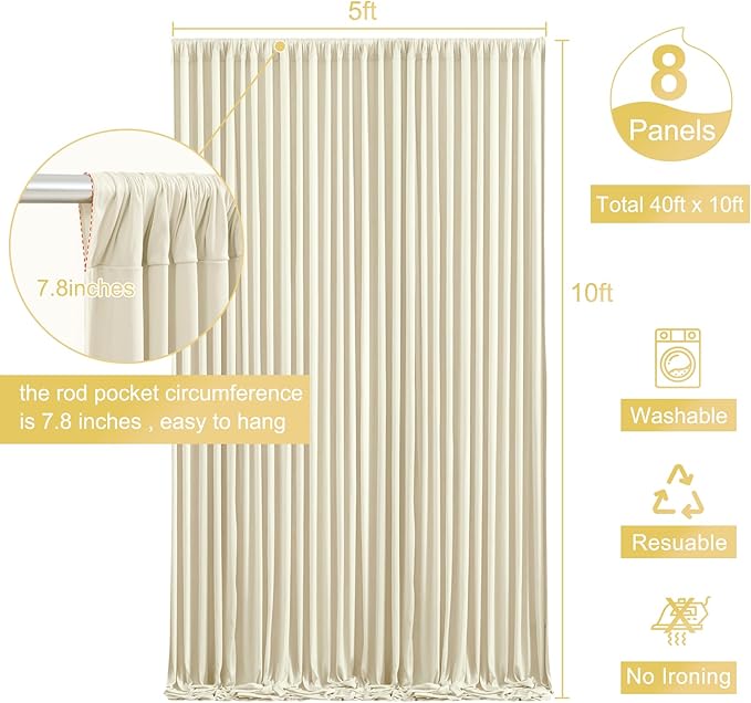 8 Panels Beige Backdrop Curtain for Wedding Parties Wrinkle Free Beige Photo Curtains Backdrop Drapes Fabric Decoration for Baby Shower Photography 40ft(W) x 10ft(H)