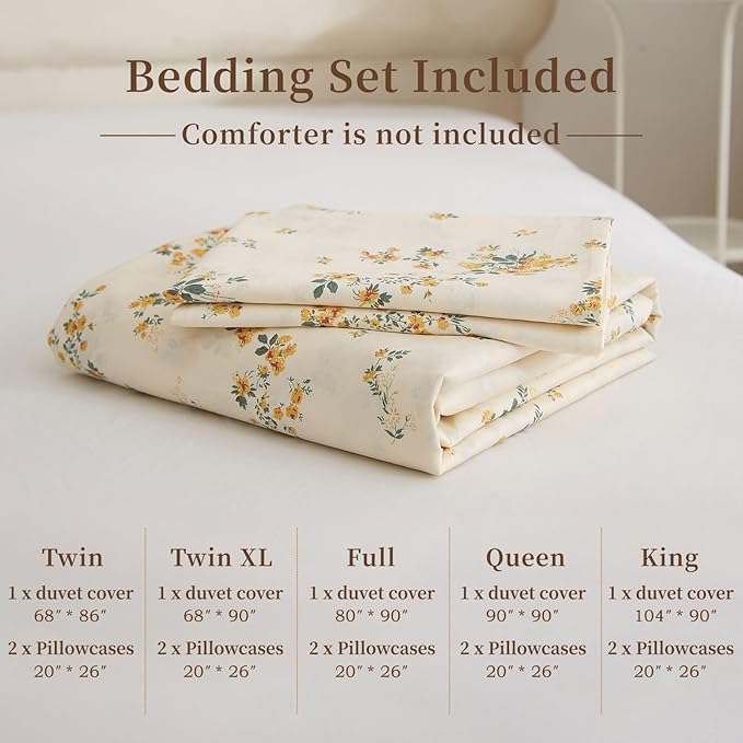 EAVD Yellow Floral Duvet Cover Full Soft Cotton Floral Cottagecore Rose Floral Bedding Set with 2 Pillowcases Chic Shabby Botanical Comforter Cover with Zipper Closure