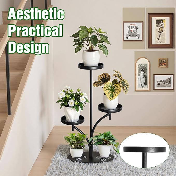 3 Tier Metal Plant Stand Indoor Outdoor, Tall Black Plant Shelf, Heavy-duty Base in the Shape of a Four-leaf Clover, Tiered Modern Corner Shelf, Suitable for Courtyard, Patio, Living Room, (2 Pack)