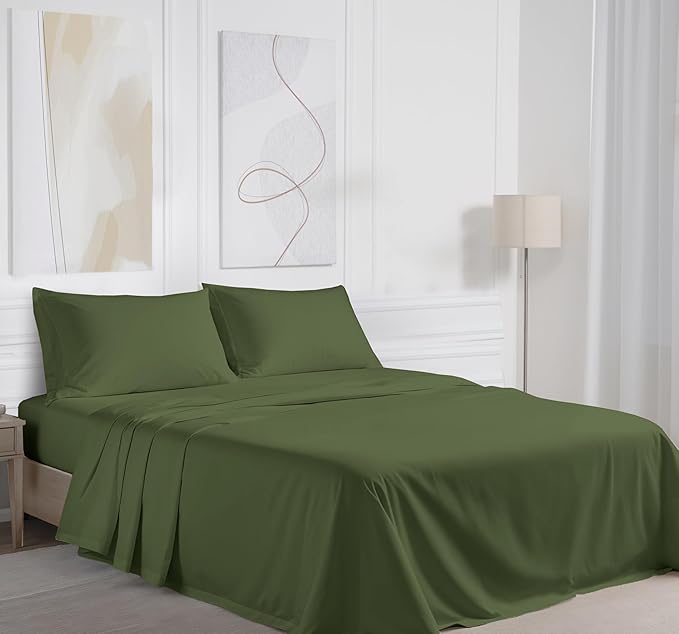 RUVANTI 100% Cotton Full Size Bed Sheets, 4 Pieces, Soft & Breathable Percale Weave Bedding, Deep Pocket 16", Hotel Standard, Crisp Cool Feel, Durable, Perfect Sheet Set Dyed, Chive