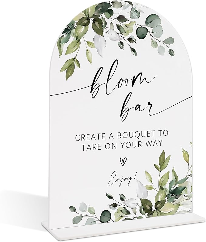 Wedding Signs for Reception, Green Leaves Bloom Bar Sign, Wedding Reception Signage, Bridal Shower Table Decorations with Base, Bloom Bar Supplies for Proposal, Bridal Shower Events and Ceremony, 01