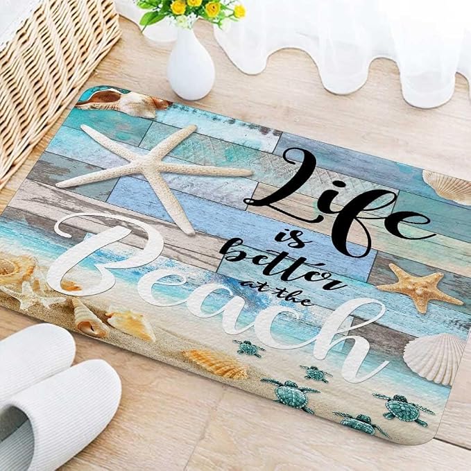 Beach Starfish Sea Shell Ocean Bathroom Rugs Mat, Non Slip Rustic Beach Bath Rugs for Bathroom, Durable Rustic Wooden Flannel Mat Rug, Absorbent Water Clearance Mats for Laundry Room Kitchen,17X48