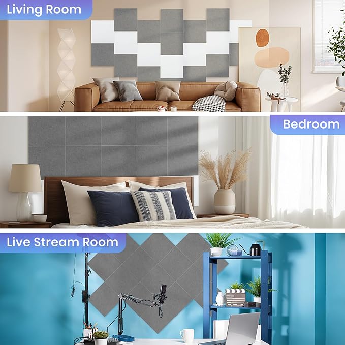 Focusound 18 Pack Sound Proof Panels for Walls, Self-Adhesive Acoustic Panels Sound Absorbing, 12" X 12" X 0.4" High Density Square Soundproof Wall Panels