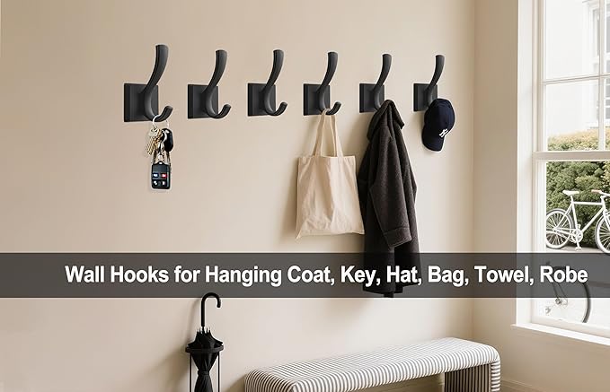 TOFIIGREM Black Towel Hooks Coat Hook, Towels Robe Holder for Bathroom Hat Hooks for Wall Hanging Key Bag Backpack (5 Pack, Black)