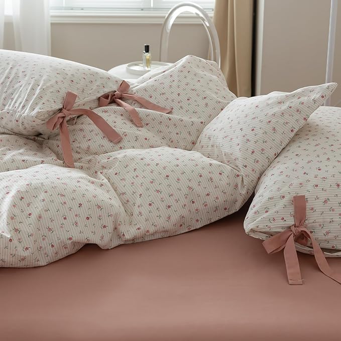 Cotton Floral Duvet Cover Full Size Pink Rose Flower Comforter Cover Chic Floral Stripes Bedding Set Girls Women Cottagecore Duvet Cover with 2 Bowknot Pillowcases Vintage Flower Bedding Set Full