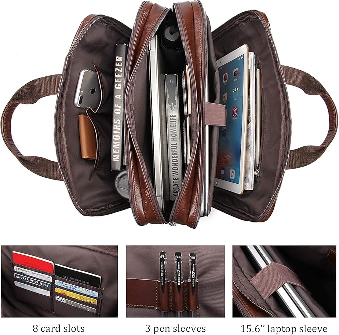 Augus Genuine Leather Mens Briefcase businessTravel Bags 15.6 Inch Laptop Bag YKK Zipper, Coffee