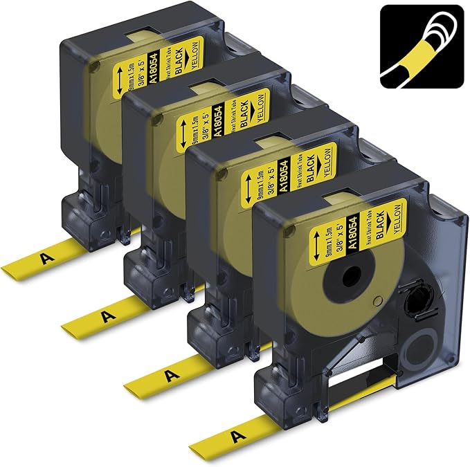 Rhino 18054 A18054 9mm Yellow Heat Shrink Replace for Rhino 5200 Heat Shrink Labels Compatible with DYMO Industrial Rhino 4200,6000, 6000+ Label Maker, 3/8" x 4.9', Black on Yellow, 4-Pack