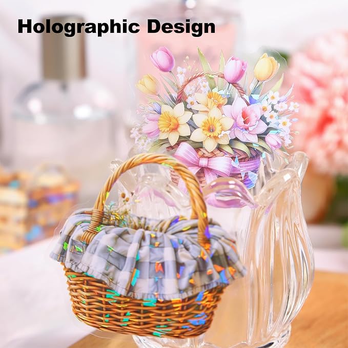 AuriicLeaf Floral Basket Holographic PET Sticker Set, 72Pcs Vintage Flower Stickers for Scrapbooking, Journaling, Junk Journal Supplies, and DIY Crafts