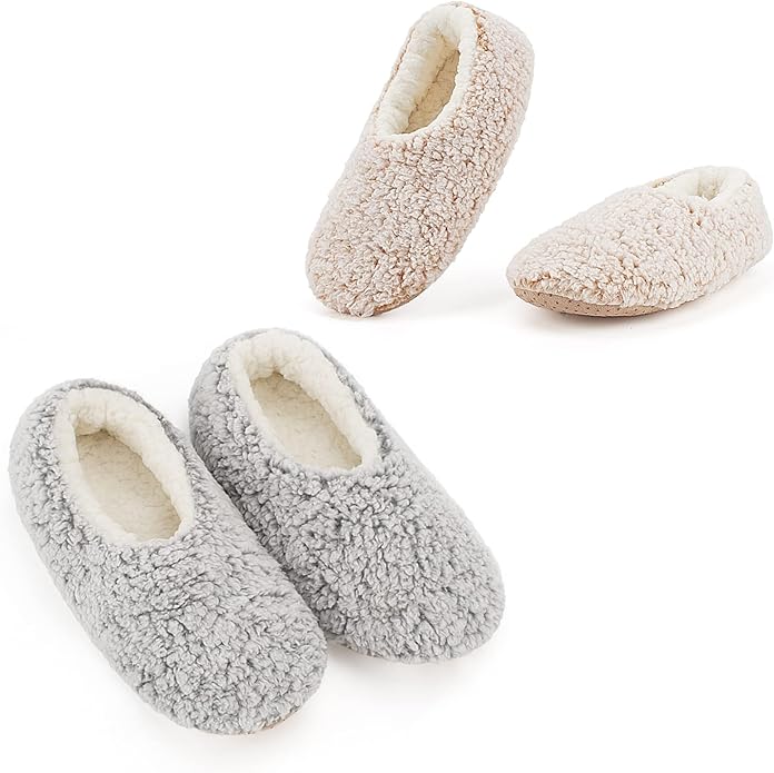 Cozylook 2-Pair Women's Soft Sole Slipper Socks with Grippers, Thick Warm Cozy Sherpa Lined Home Socks Set, Cable Knitted Non-slip Fluffy Winter House Bedroom Slippers