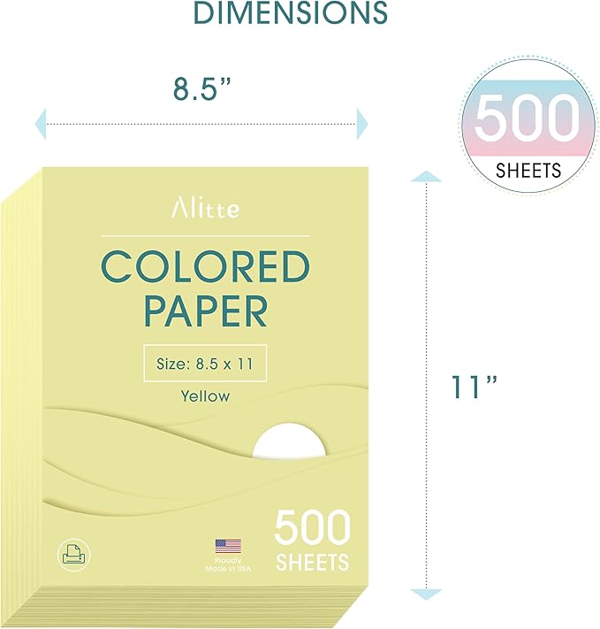 Alitte Colored Paper 500-Sheets - Yellow Paper, 8.5 x 11 Colored Printer Paper, Arts & Crafts, DIY Projects - School & Office Supplies - Pastel Copy Paper, 1 Ream, Made in the USA