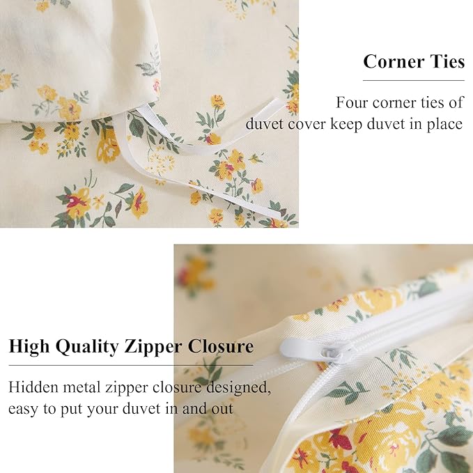 EAVD Yellow Floral Duvet Cover Full Soft Cotton Floral Cottagecore Rose Floral Bedding Set with 2 Pillowcases Chic Shabby Botanical Comforter Cover with Zipper Closure