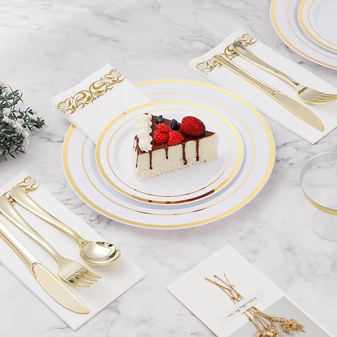 BESTVIP 700 PCS Gold Dinnerware Set for 100 Guests, Plastic Dinnerware Set for Party, Christmas, Halloween, Include: 200 Plastic Plates, 100 Gold Silverware, 100 Cups, 100 Paper Napkins