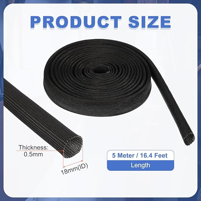 uxcell Insulation Cable Protector,18mm/0.71 Inch-5 Meter/16 Feet High Temp Fiberglass Sleeve Black