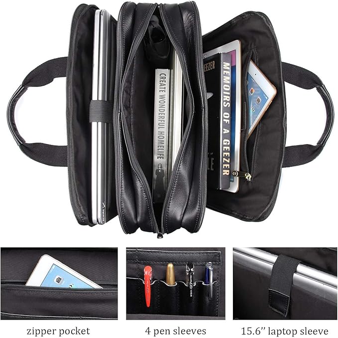 Augus Leather Briefcase for Men Business Travel Messenger Bags 15.6 Inch Laptop Bag, Black