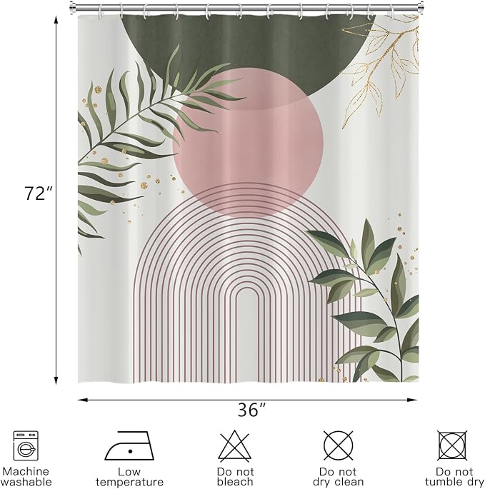 Boho Mid Century Shower Curtain, Pink Modern Minimalist Abstract Geometric Sage Green Gold Plant Leaves Bathroom Curtains Washable Waterproof Fabric Buthtub Curtain Set with Hooks 36" Wx72 L