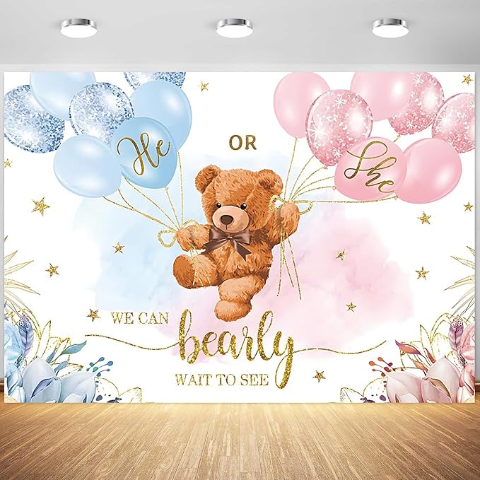 12x8ft Gender Reveal Backdrop Baby Bear Boy or Girl Photography Background Baby Shower Party Blue and Pink Banner Decorations Supplies Photo Booth Props