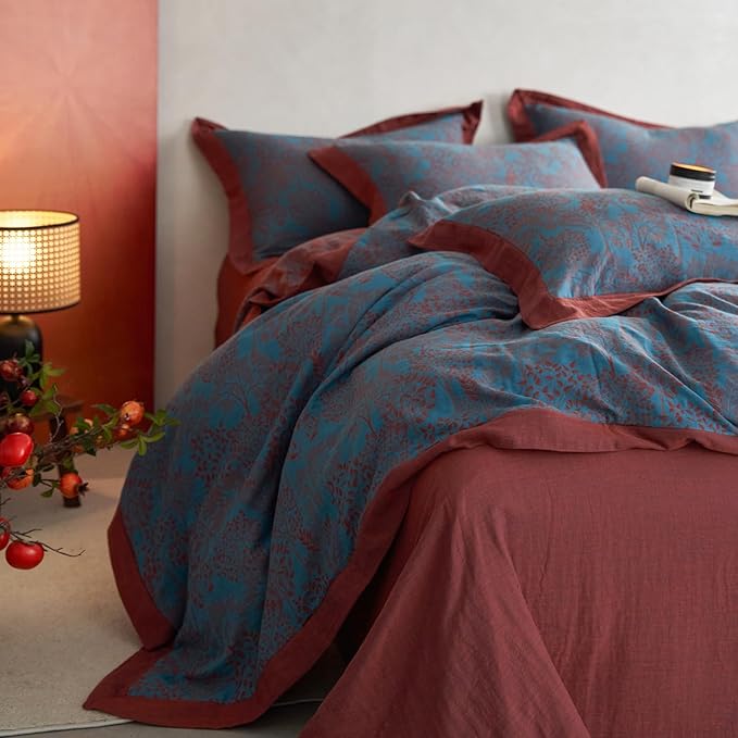 Vintage Blue Floral Duvet Cover Twin XL Size Forest Theme Jacquard Bedding Set Linen Cotton Yarn-Dyed Textured Duvet Cover Burgundy Reversible Tree Leaves Botanical Duvet Cover with Zipper Closure