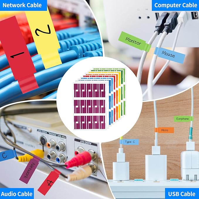 540 pcs Cable Labels, 9 Colors Cord Label, Waterproof Cables Tags, Self Adhesive Wire Labels, Cables Tags Printable for Laser Printer and Handwriting, Electronics Cable Management