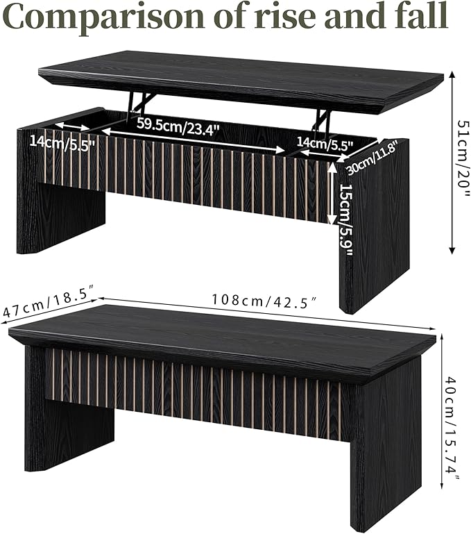 Lift Top Coffee Table with Storage, Mid Century Modern Coffee Table with Hidden Compartment, Fluted Wood Rectangle Center Table for Living Room, Home Office, Walnut (Black, 42.5''W)