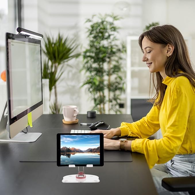 BESPORTBLE Acrylic 360° Rotatable Tablet Stand Holder for Desk and Office Use Adjustable Foldable Tablet Cradle Compatible with Ipad and Pink Design for Home and Travel