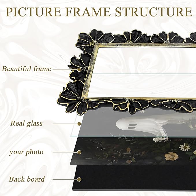 5x7 Vintage Flower Picture Frame, Ornate Antique Photo Frame with Glass Front, Elegant Picture Frame for for Wall or Tabletop Display, Gift ldeas for Home Decor (Black Gold)