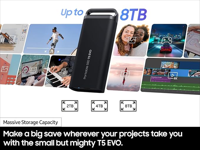 Samsung T5 EVO Portable SSD 8TB, USB 3.2 Gen 1 External Solid State Drive, Seq. Read Speeds Up to 460MB/s for Gaming and Content Creation, MU-PH8T0S/AM, Black