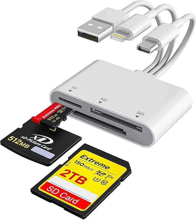 XD Card Reader, SD Card Reader for iPhone, 3-in-1 SD/TF/XD Card Adapter with Lightning/USB-C/USB-A for iPhone 16/15/14/13, iPad, PC, Android - Olympus xd Picture Card Reader Compatible, exFAT Support