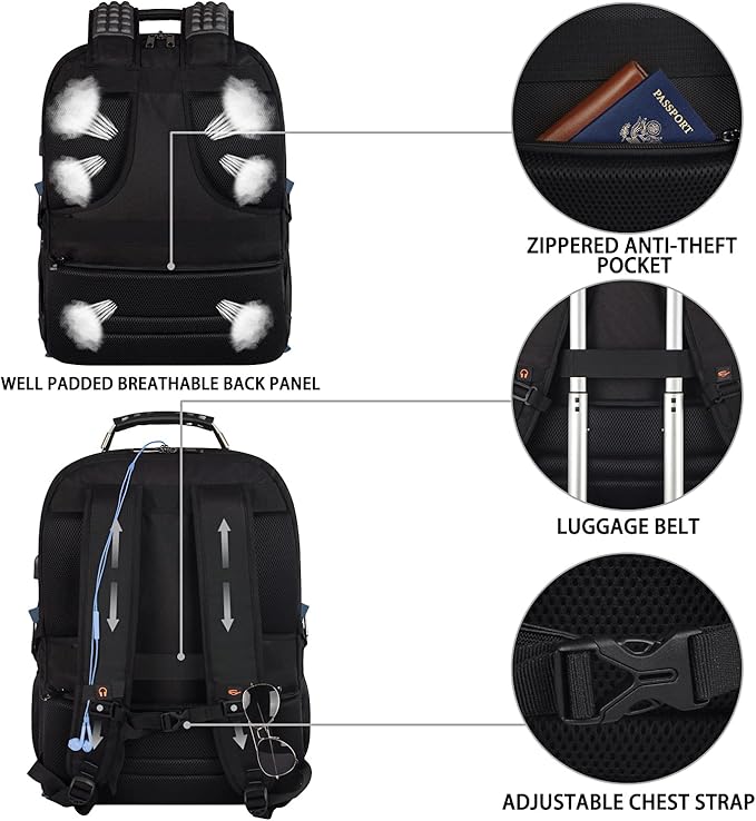 JCDOBEST Laptop Backpack, Blue, 55L Capacity, TSA Approved, Multipurpose, Convenient USB Port, Comfortable Back Design, Durable Polyester Fabric