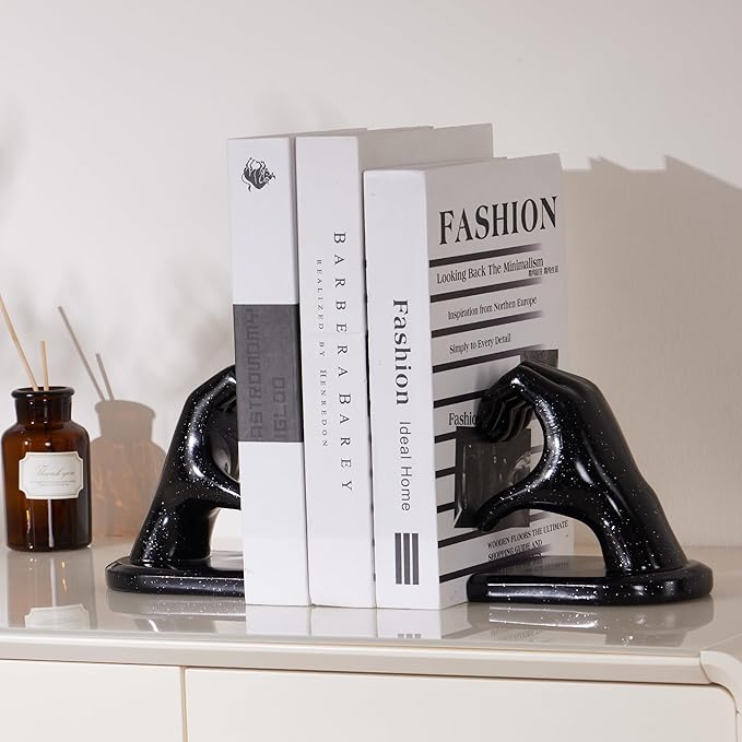 Black Bookends, Heavy Duty Bookend Holder Decor, Finger Heart Shaped, Modern Art Sculpture, Bookends Decorative, Boho Decor for Desktop Bedroom Study Room(Black)