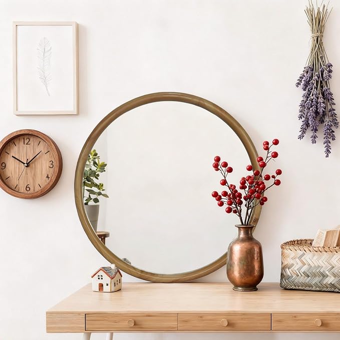 27.56" Round Wood Framed Wall Mirror, Natural Wooden Circle Mirror for Bathroom Entryway Living Room, Mid-Century Modern Decorative Mirror