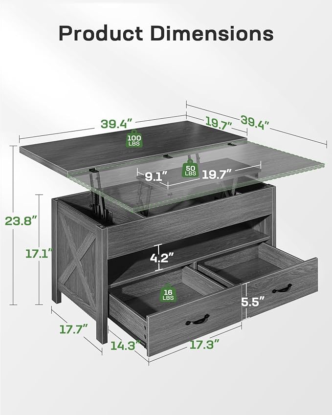Marsail 40" Lift Top Coffee Table, 4 in 1 Coffee Table with Hidden Compartment, 1 Open Shelf and 2 Drawers, Multifunctional Farmhouse Center Table for Living Room and Home Office, Gray