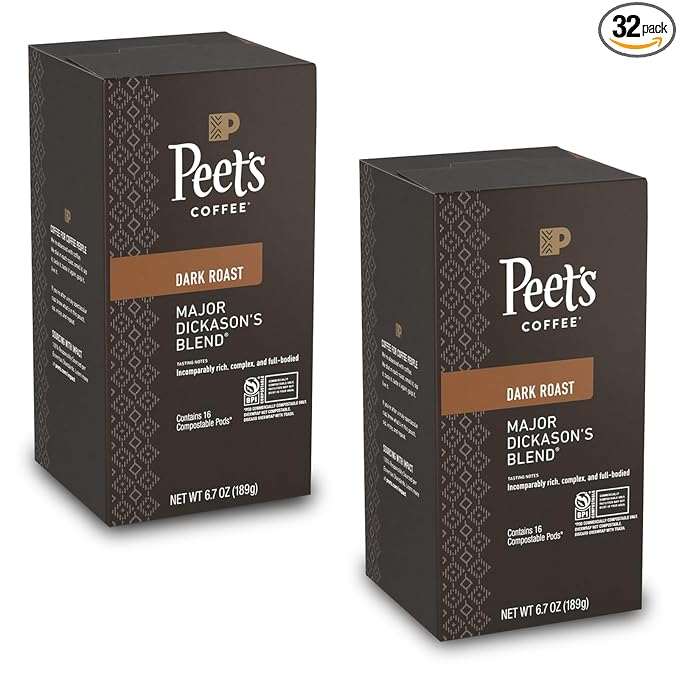 Peet’s Major Dickason’s Coffee Pods – 32 Count (2 Packs of 16) – Dark Roast with Bold, Rich Flavor and Smooth Finish – Compatible with Pelecom Coffee Machines – Peet’s Coffee Pods & Capsules