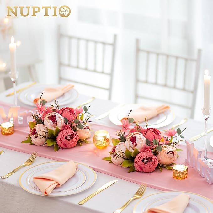 NUPTIO Flower Balls Flowers for Centerpieces: 2 Pcs 9.4 inch Diam Dark Pink Artificial Peony Fake Flower Ball Arrangement Bouquet Wedding Centerpieces for Tables Wedding Centerpiece Decorations