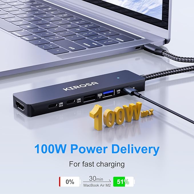 KIROSA USB C Hub: 9IN1 Multiport Adapter for Macbook Pro Air - USBC to HDMI Hub Dongle - Pocket USB-C Docking Station for Laptops and Type C Devices (4K HDMI 100W PD USB3.0 SD/TF Card Reader)