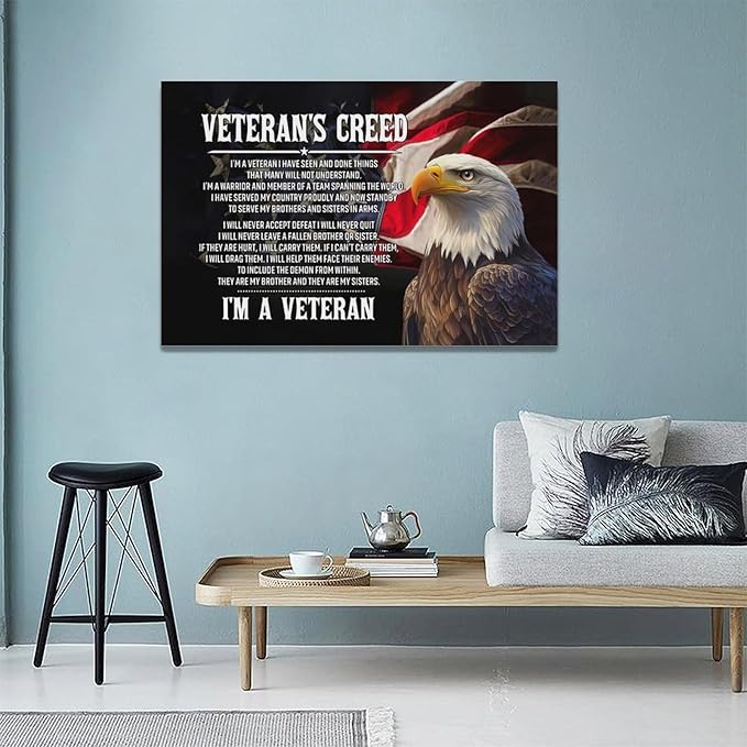 Veteran Wall Art Patriotic Pictures Wall Decor Military Canvas Prints Veterans Day Decorations Painting Framed Bald Eagle Artwork Office Home Man Cave Decor For Bathroom Bedroom Living Room 24"x16"