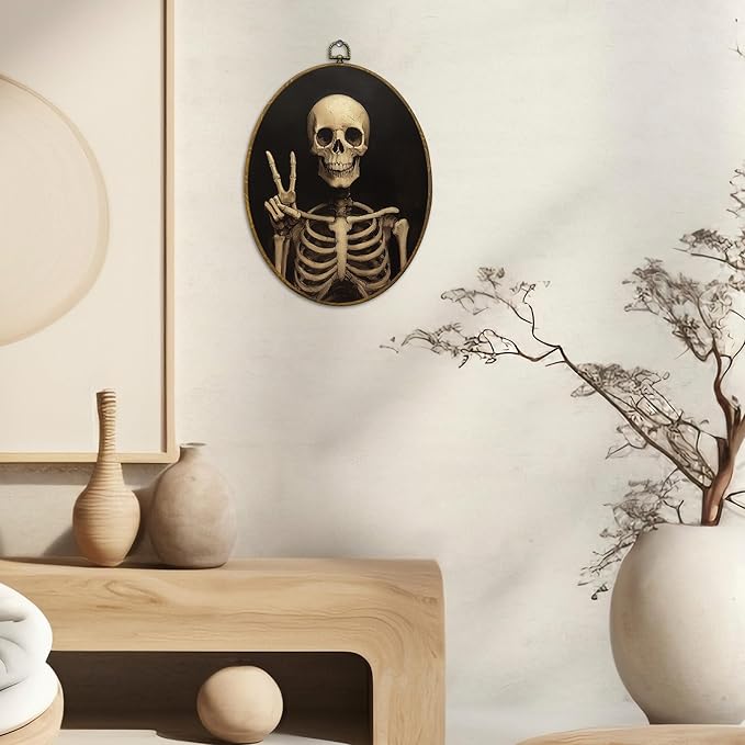 CUANFDDSF Funny Gothic Skeleton Oval Wall Art Decor, Gothic Moody Wall Hanging Decor, Spooky Dark Academia Skeleton Framed Canvas Prints for Home Bedroom Living Room, 8.6x11.4 Inch