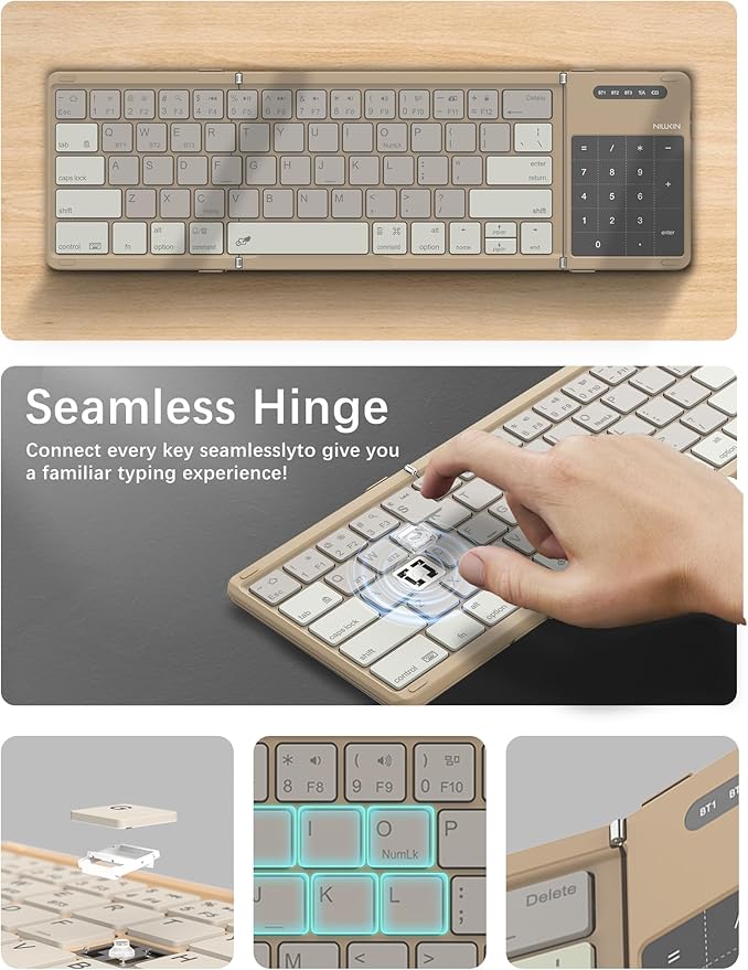 Nillkin Upgraded Foldable Bluetooth Keyboard with Touchpad & Number Pad, Portable Wireless Keyboard for Travel, Pocket-Sized, Full Size Keys, Support 3 Devices for iPad Laptop Tablets Phone, Khaki