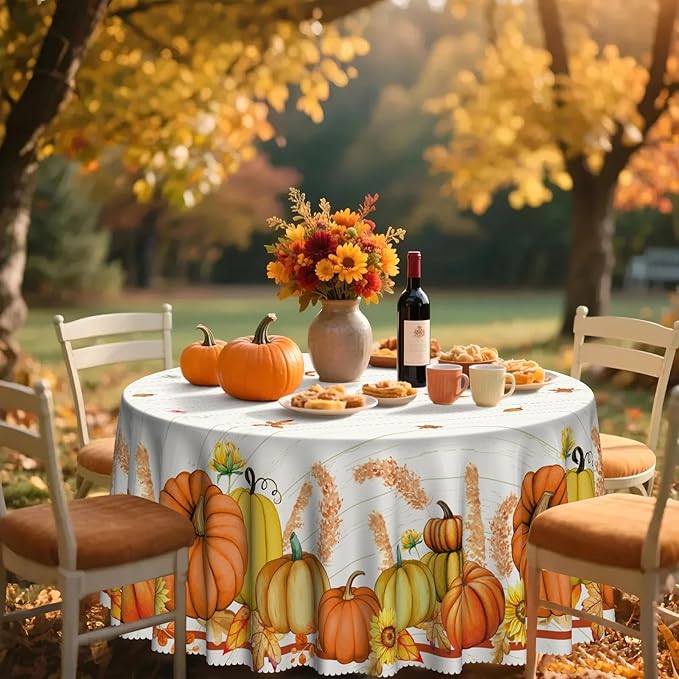 Eikione Round Thanksgiving Tablecloth, Round Fall Tablecloth 60 Inch, Pumpkin Table Cloth, Autumn Harvest for Christmas, Holiday, Birthday, Thanksgiving, Harvest