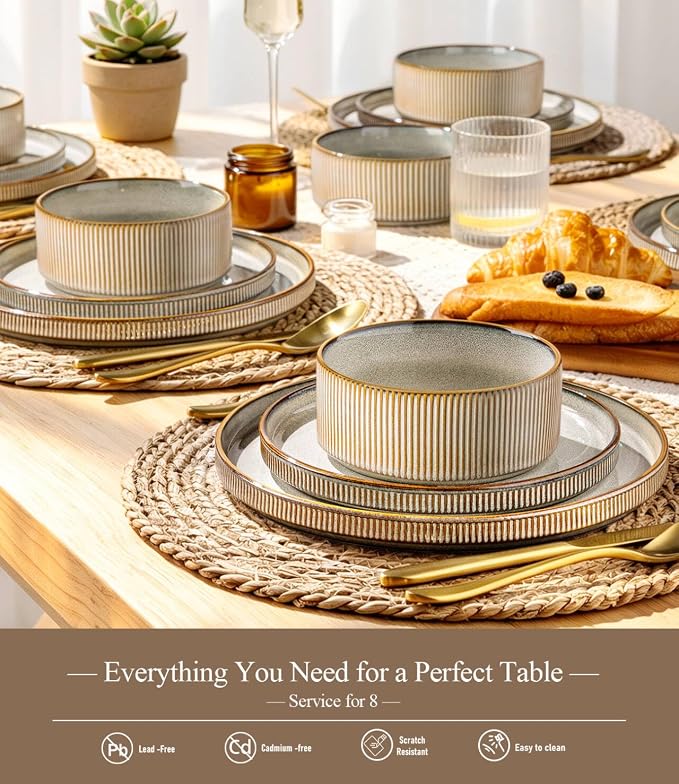 GBHOME 24-Piece Stoneware Dinnerware Set for 8 – Ribbed Ceramic Plates and Bowls, Scratch-Resistant, Microwave & Dishwasher Safe, Reactive Glaze, Reactive Glaze Green Wheat