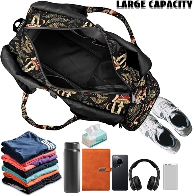 Mushroon Forest Butterfly Womens Gym Bag with Shoes Compartment Lightweight Carry On Bag Travel Luggage Sports Workout Swim Beach Weekender Overnight Bags for Women Gifts