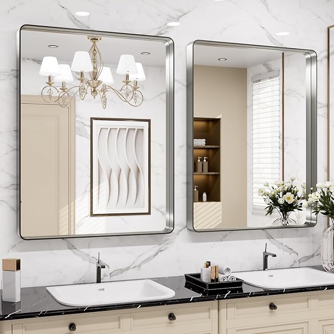 LOAAO 24X32 Inch Brushed Nickel Bathroom Mirror, Rounded Rectangle Silver Metal Frame Mirror, Brushed Nickel, Anti-Rust, Shatter Proof, Hangs Horizontally or Vertically