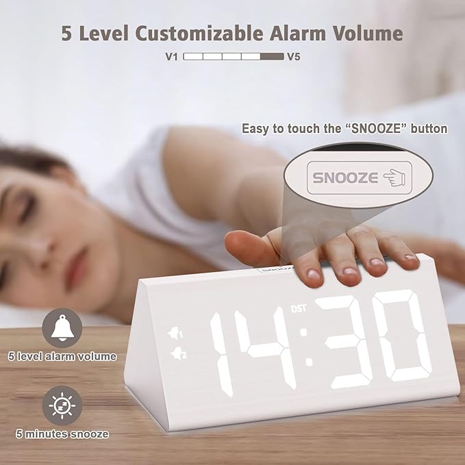 fomobest Wooden Digital Alarm Clock with Dual USB Charging Ports, DST, Dimmable, Snooze, Modern Large Time Display LED Clock for Kids Bedrooms, Living Room, Desk, Table, Bedside, Nightstand (White)