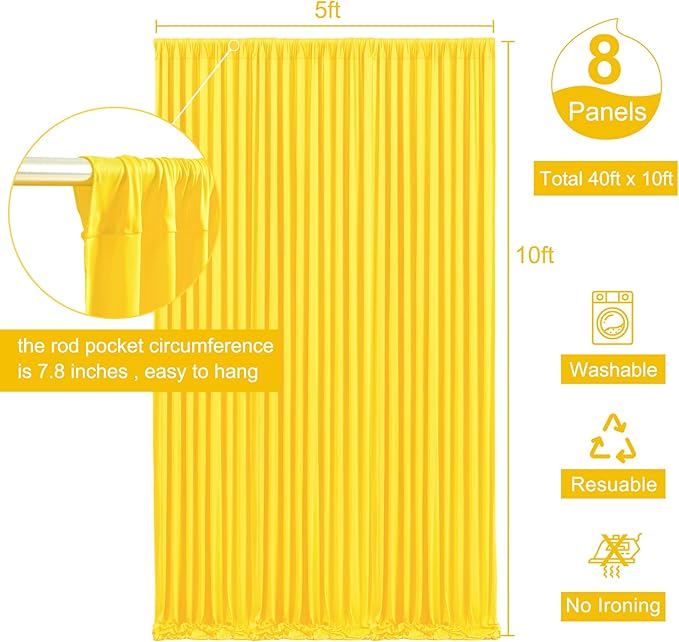 8 Panels Yellow Backdrop Curtain for Parties Wrinkle Free Lemon Yellow Photo Curtains Backdrop Drapes Fabric Decoration for Birthday Party Wedding Baby Shower 40ft(W) x 10ft(H)