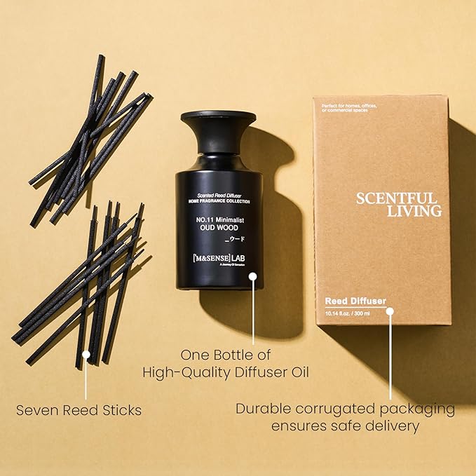 M&SENSE Reed Diffuser Set, 10.14 fl oz Large Reed Diffuser, Oud Wood Scented with Natural Essential Oils, Long Lasting with 7 Sticks, Non-Toxic Home Fragrance Reed Diffuser for Bedroom, Bathroom