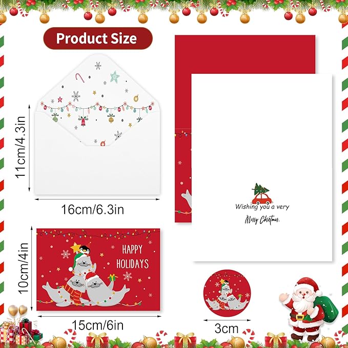 Thboxes Christmas Cards with Envelopes & Stickers, 36 Pack 4x6 Inch Merry Christmas Cards, Funny Holiday Card, 6 Assorted Designs Greeting Card for Xmas