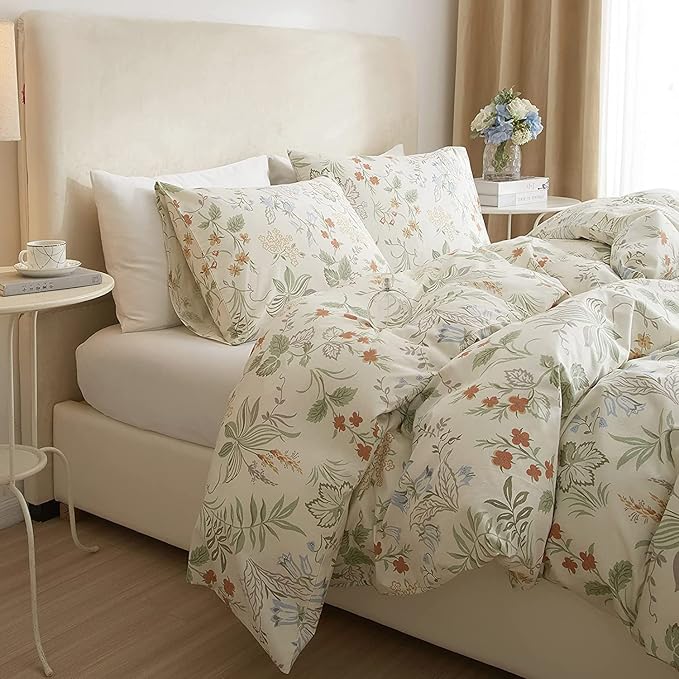 Chic Floral Duvet Cover Full Size Cotton Botanical Floral Bedding Sets Full Vintage Style Aesthetic Floral Comforter Cover Garden Flower Branches Pattern Full Bedding Sets with Zipper Closure 4 Ties
