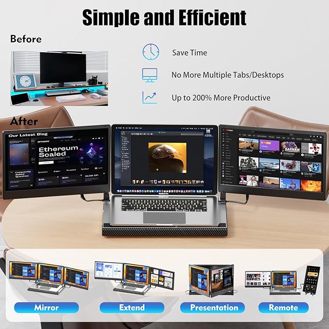 KEFEYA 14'' Triple Laptop Monitor Extender with Metal Base, 360° Rotation 1080P Portable Laptop Screen Extender for 12-17.3'' Laptops-Compatibility for Windows, Surface, MacBook, Switch, Plug & Play